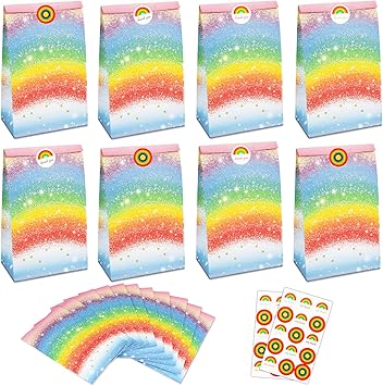 PHOGARY Bolsas de Regalo de Arcoíris, 24 Bolsas de Papel de Arco Iris Arcoíris + 30 Pegatinas de Arcoíris, Bolsas de Regalo de Cumpleaños de Arcoíris para Niños